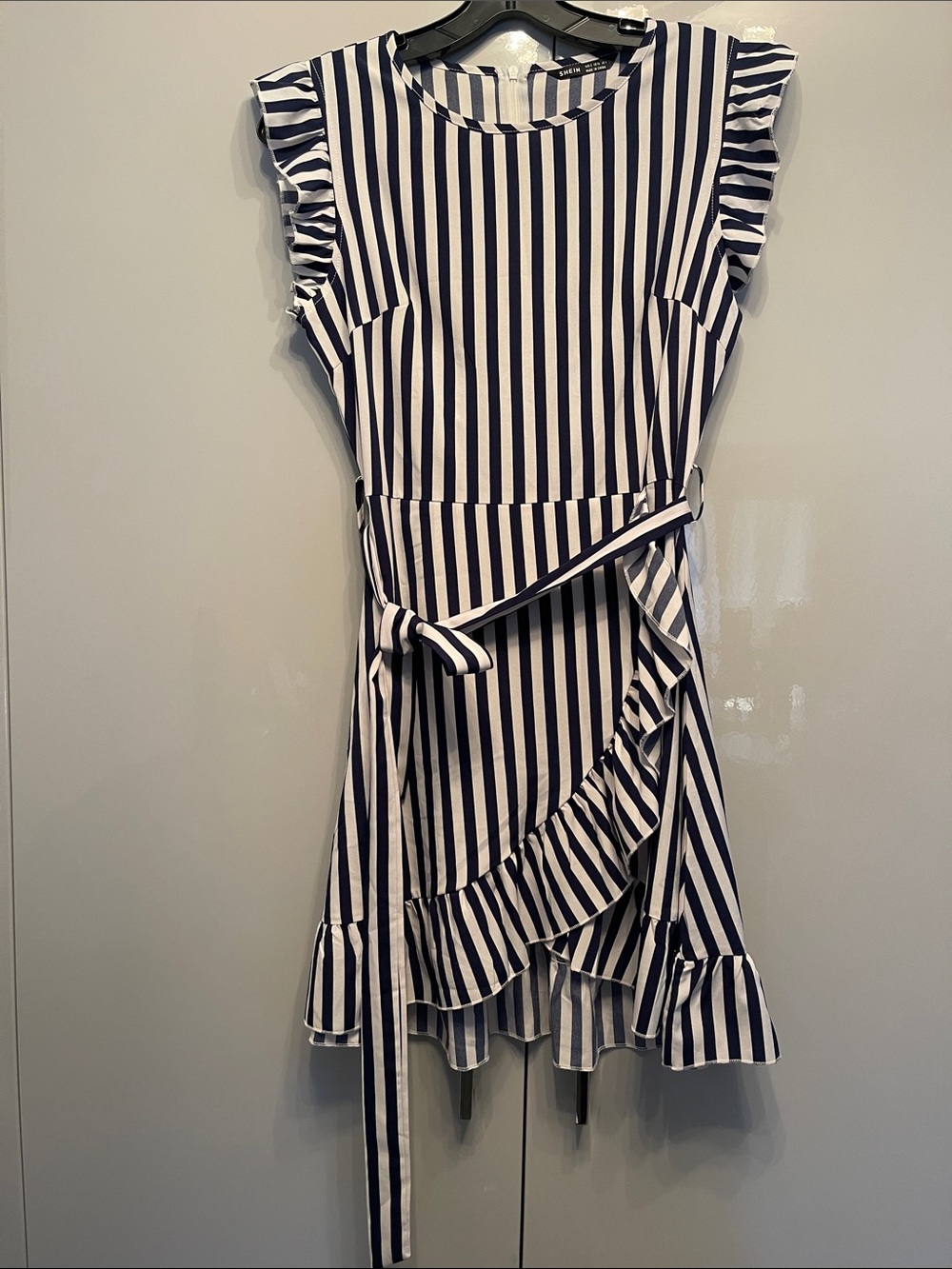 SHEIN Navy and White Striped Wrap Dress with Ruffle Trim
